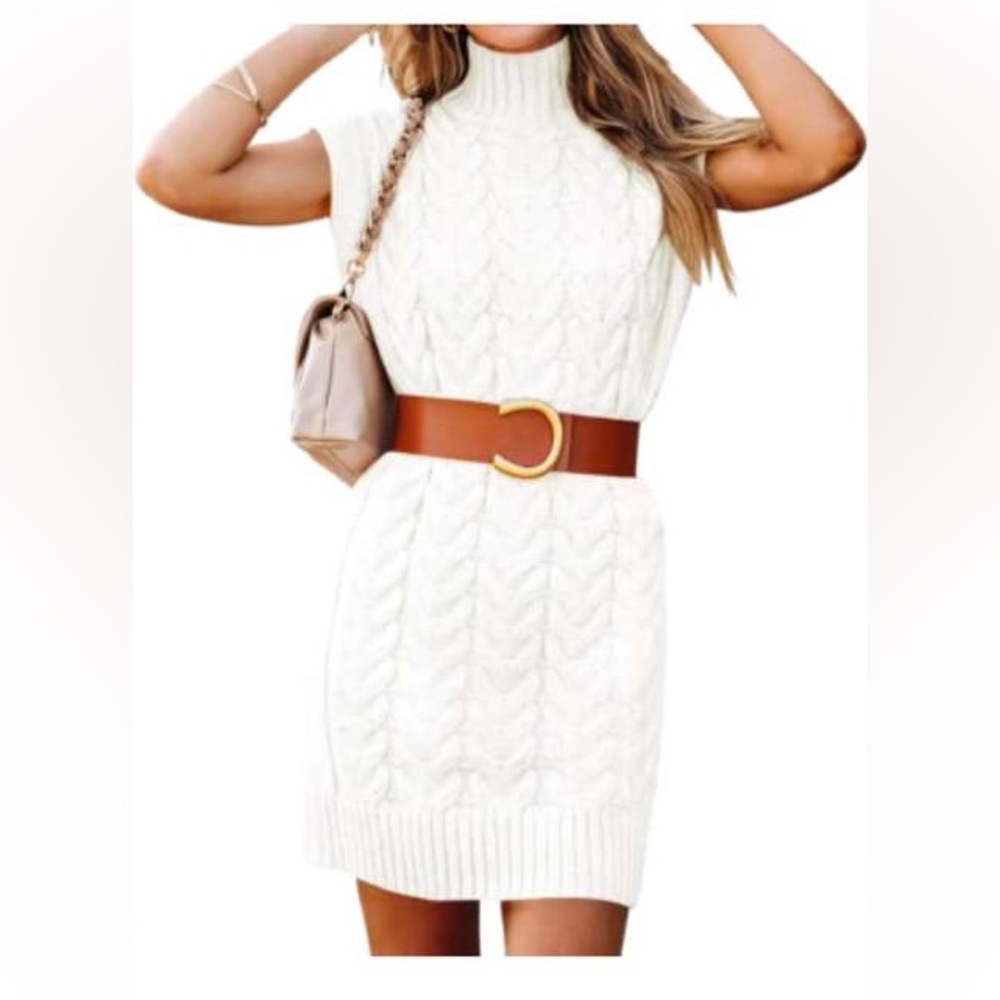 Pink Queen White Cable Knit Sleeveless Turtleneck Sweater Dress
